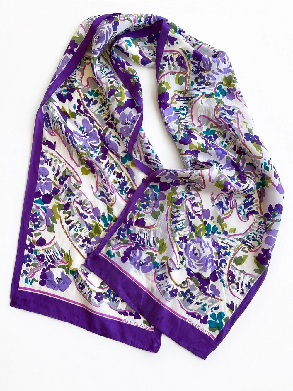 Vintage 1970s Bill Blass Silk Rectangular Scarf Purple Floral Classic Boho